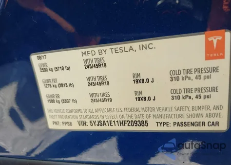 2017 Tesla Model S 60/75 из США, поврежденный, VIN 5YJSA1E11HF209385